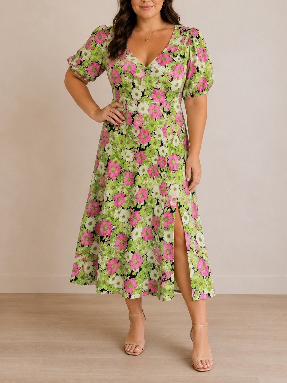 WAYF Floral Fit Flare Midi Dress Size L Puff Sleeve Green Pink Slit